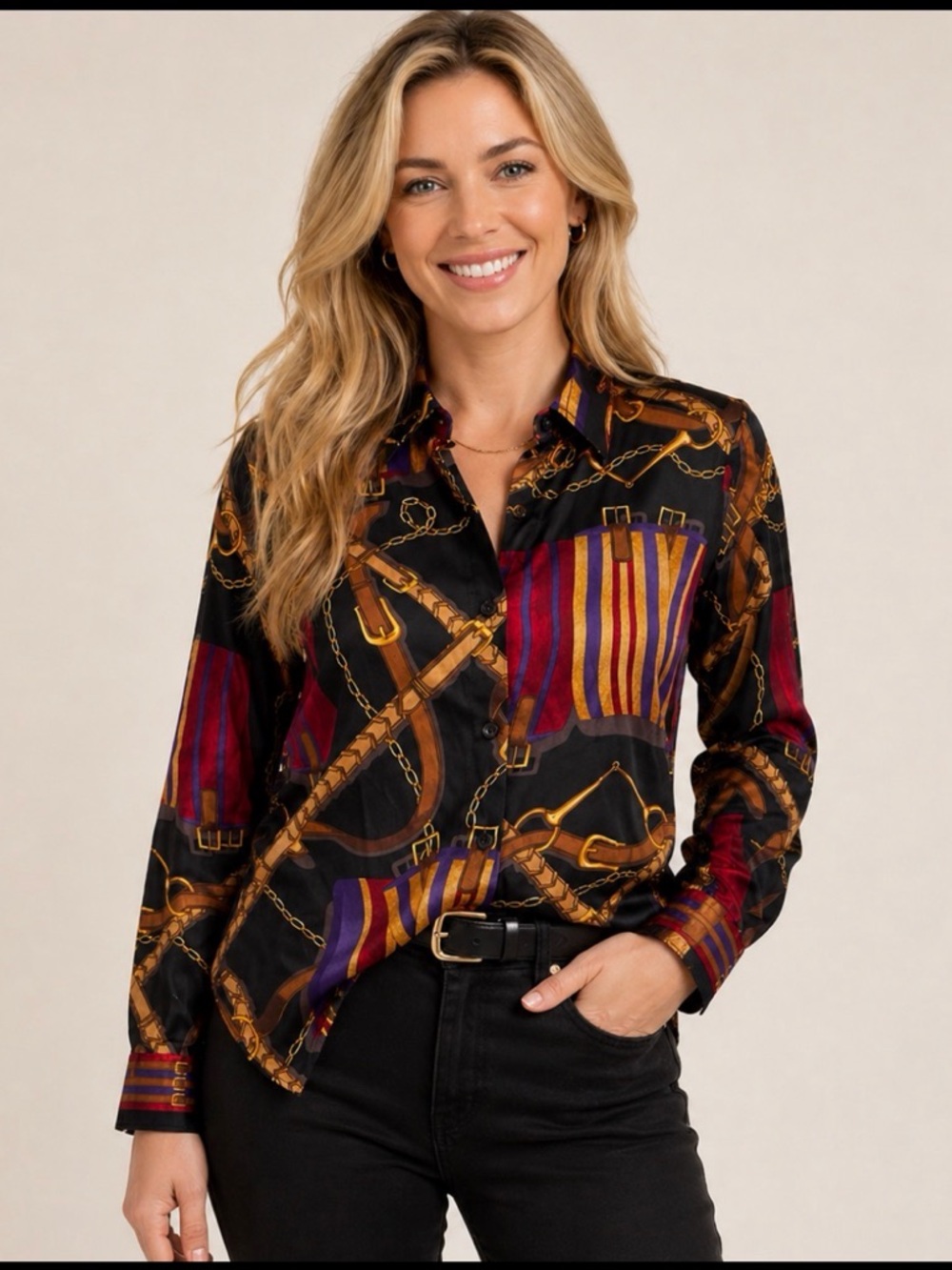 Lauren Ralph Lauren Black Silk Button-Down with Red, Purple & Gold Print XS